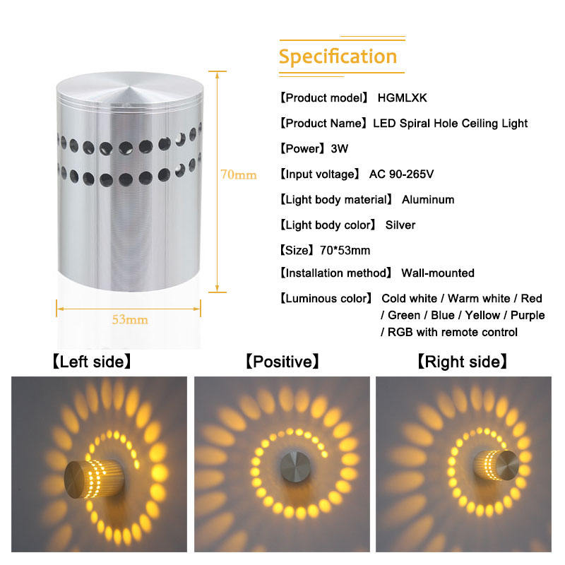 Trou en spirale fixé au mur 3W RVB avec le contrôleur a mené la lumière de mur d'intérieur pour la lampe de mur décorative de chambre d'hôtel