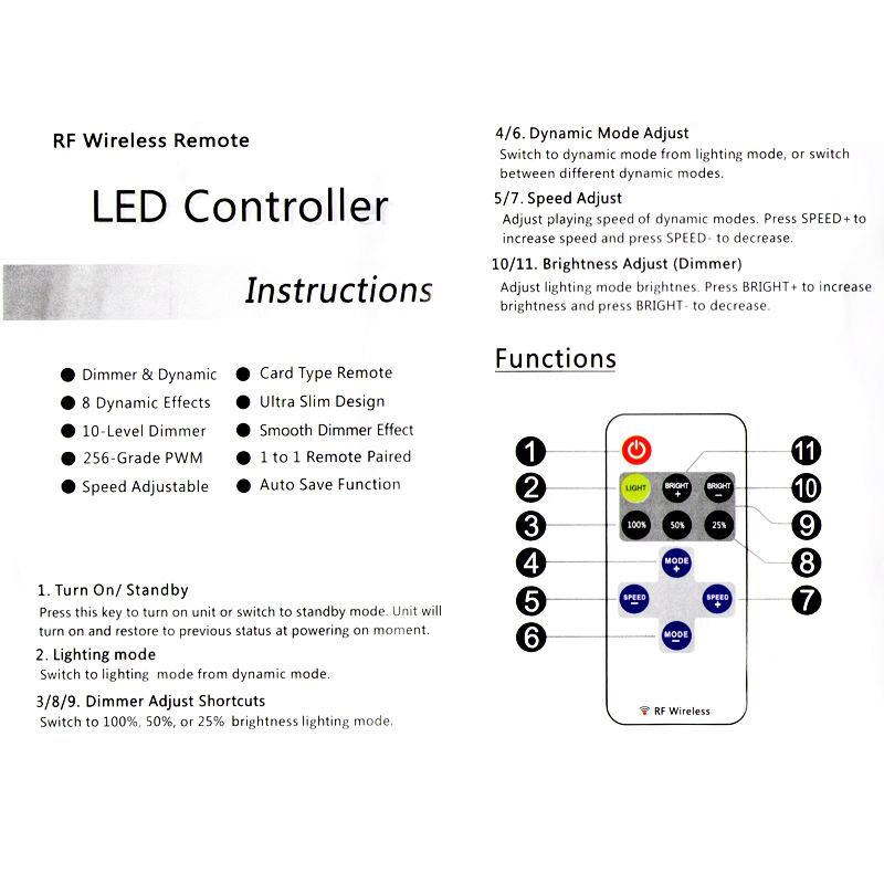 Contrôleur de LED à distance sans fil RF 12A 5V-24V LED Mini contrôleur de gradateur à distance sans fil RF pour bande de LED avec livraison gratuite