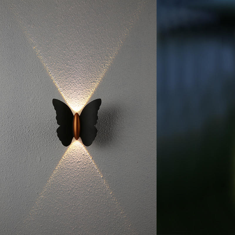 6W Papillon Forme Applique Murale Noir + Or Haut Et Bas Lumineux Lumière Extérieure Cour Jardin Salon Allée Escalier Fond Étanche Led Applique Murale