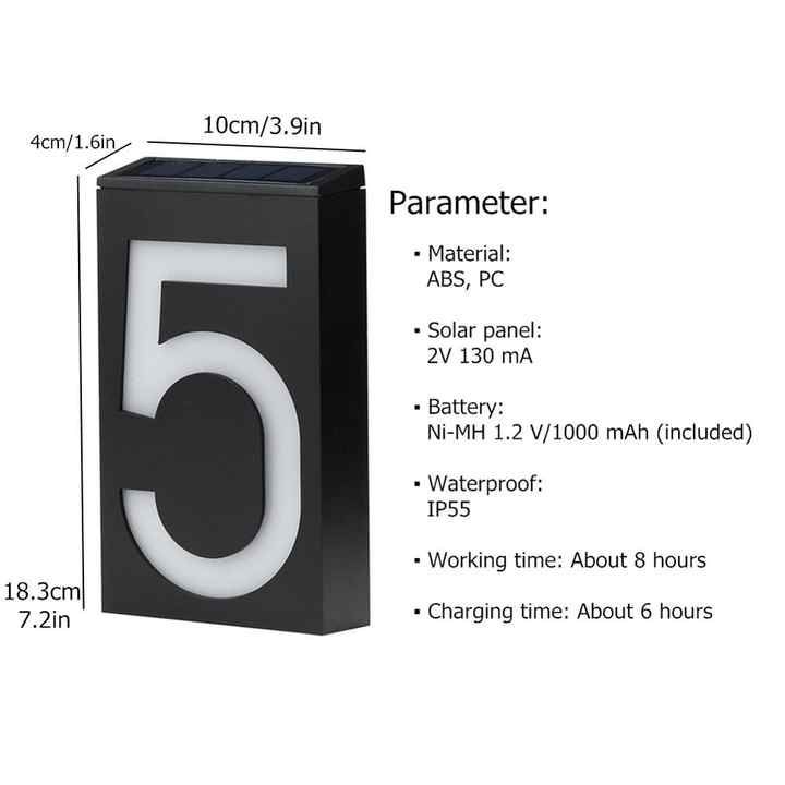 Lampe solaire numérique Lampe numérique Numéro de maison Lumière LED Adresse du numéro de maison Lampe de porche murale numérique, avec lampe de porche à batterie E