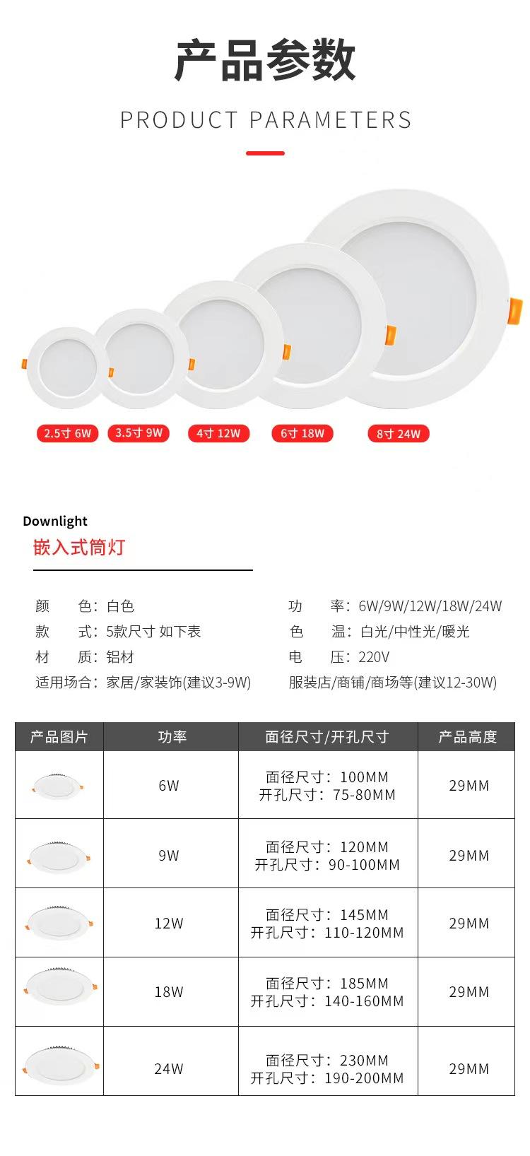 6W 8W 12W 18W LED Plafonnier Downlight Plafonnier Encastré Commercial Tricolore Température Spot Light
