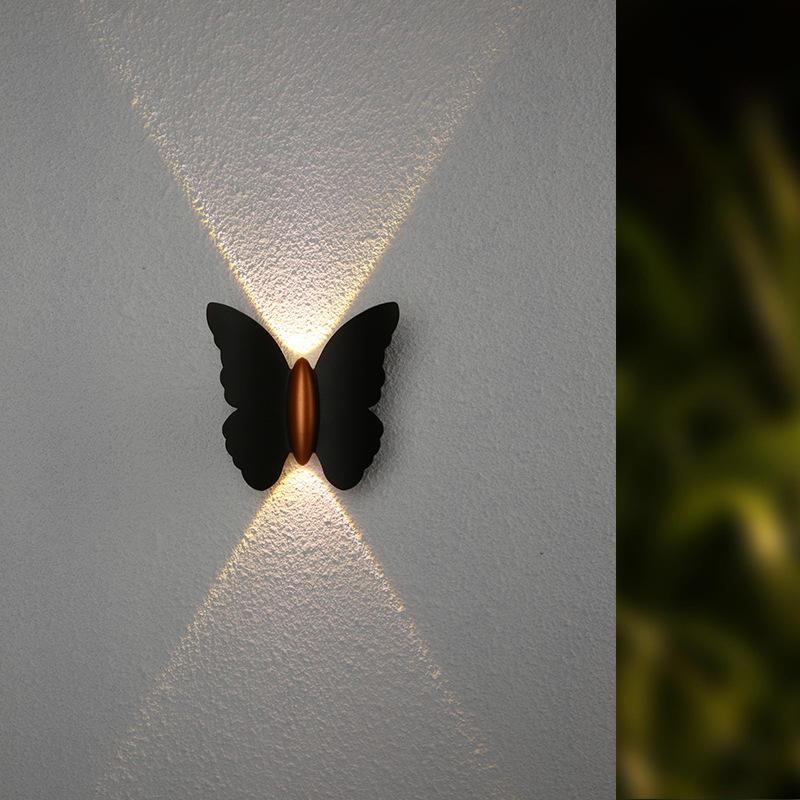 6W Papillon Forme Applique Murale Noir + Or Haut Et Bas Lumineux Lumière Extérieure Cour Jardin Salon Allée Escalier Fond Étanche Led Applique Murale